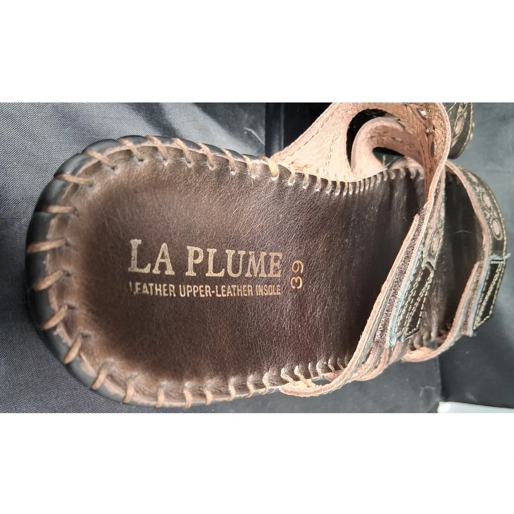 La Plume Metallic Bronze Leather Wedge Slide Sandals Adjustable Straps Size 39